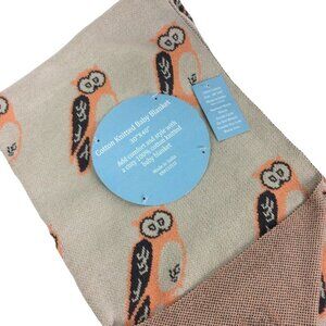 Owl Print Cotton Knit Baby Blanket 30x40 Beige & Orange Soft Crib Unisex Gift